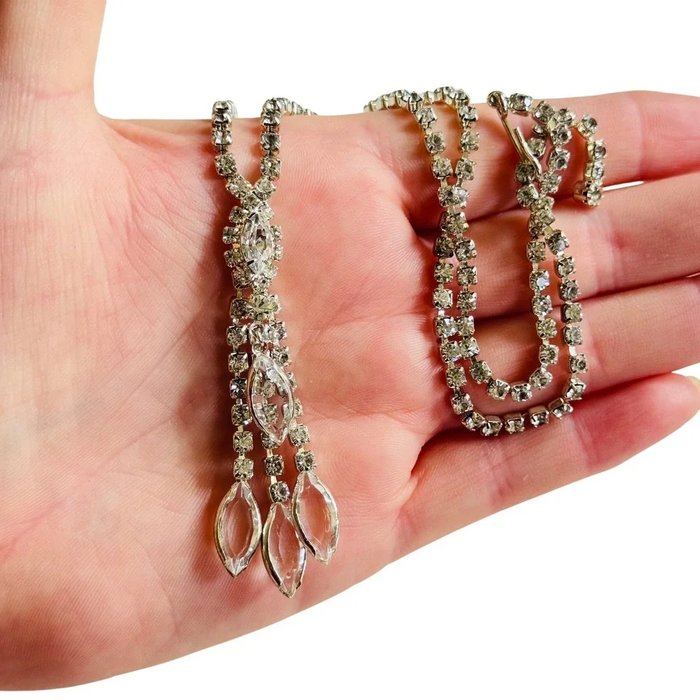 Necklace VTG Jeweled Austrian Crystal‎ Rhinestone tassel open bezel Sparkly 18